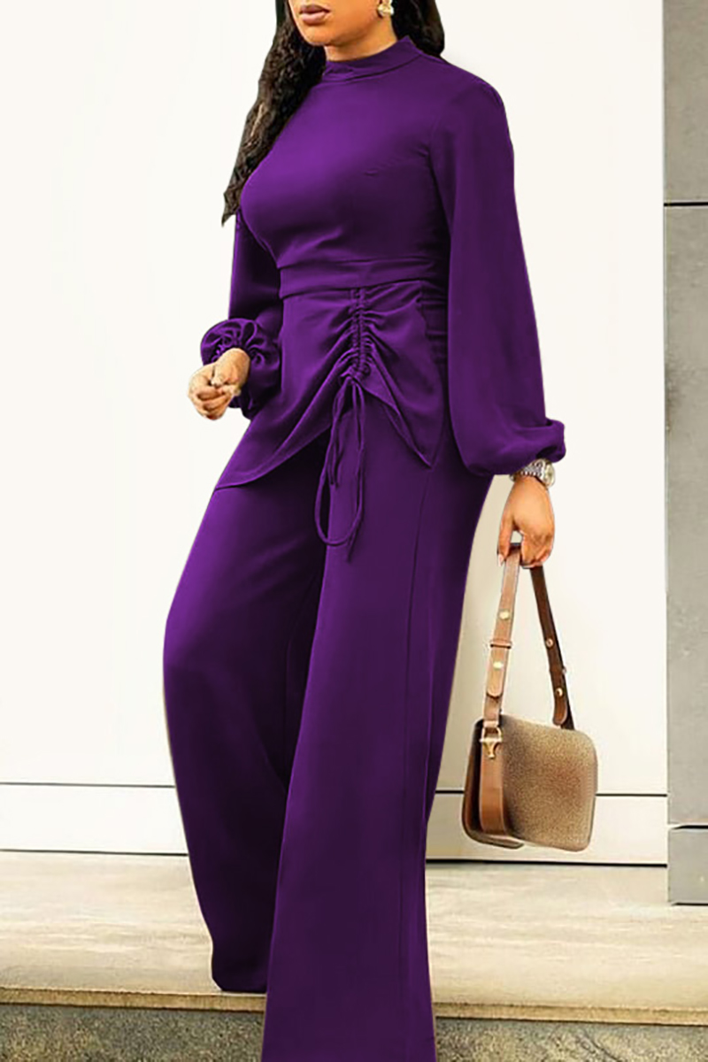 Plus Size Casual Purple Ruched Lantern Sleeve Mock Neck Drawstring Wide Leg Jumpsuits
