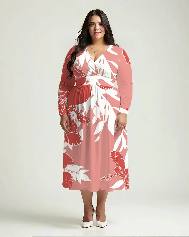 Plus Size Women's Elegant Printed Long Sleeve V Neck Dress