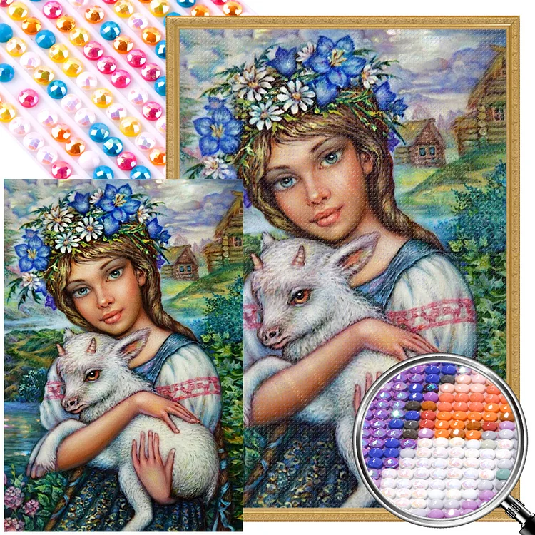 Partial AB Drill - Full Round Diamond Painting - Girl Holding Sheep 50*70CM