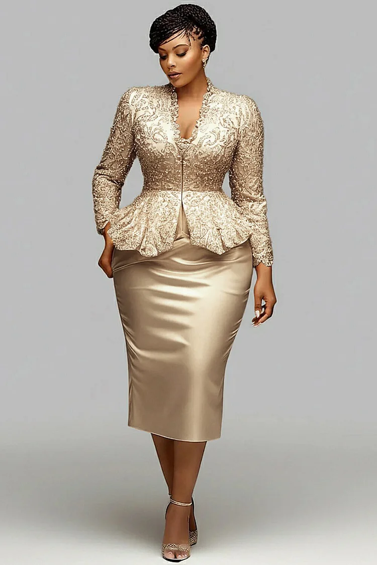 Xpluswear Design Plus Size Cocktail Party Lace Champagne V Neck Long Sleeve Ruffle Bodycon Satin Two Piece Skirt Sets [Pre-Order] 2024 - Xpluswear