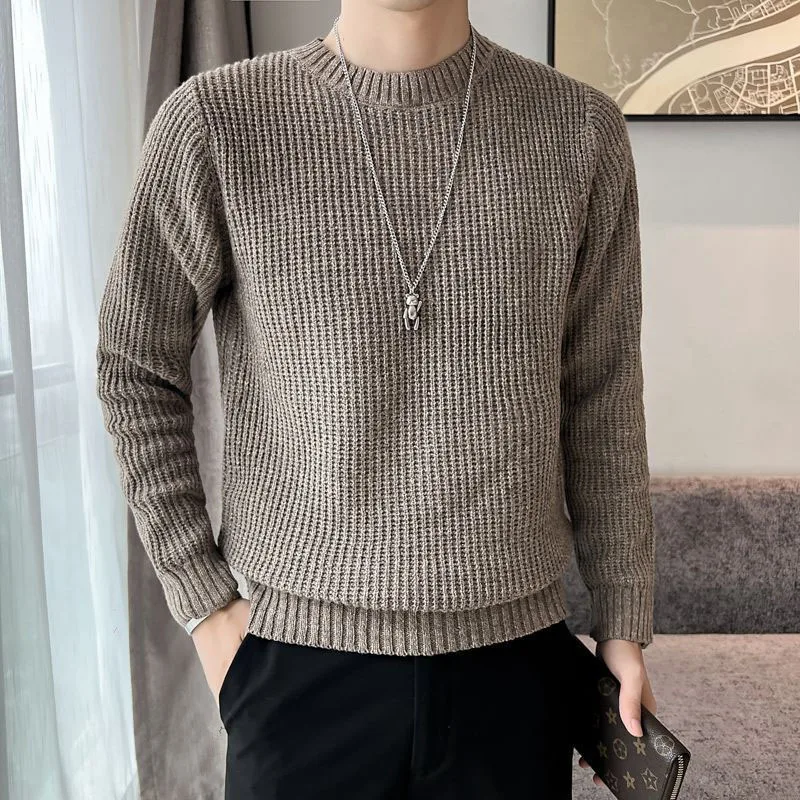 Dragonpinasmu men's winter fashion clothing New Autumn/Winter Fashion Trend Thickened Round Neck Solid Color Versatile and Handsome Casual Men's Knitted Long Sleeve Sweater