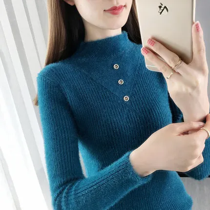 Uveng Uveng And Winter Half High Collar Button Thick New Foreign Style Jacket Sweater Imitation Mink Wool Coat Female Bottom Shirt