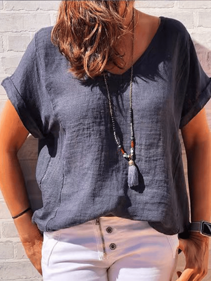 Women's Casual Solid V-neck Cotton Linen Short Sleeve T-shirt