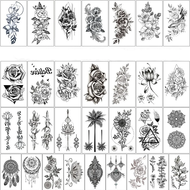 30PCS/Lot Sexy Fake Sketchs Flowers Tattoo for Woman Hands Arm Body Waterproof Temporary Tattoos tatouage temporaire femme