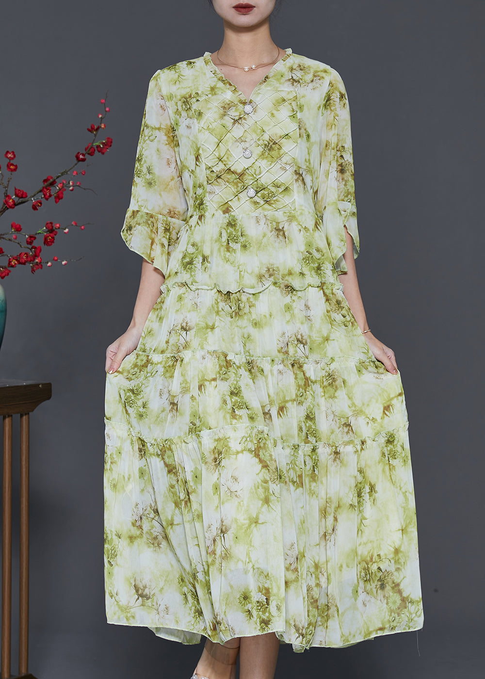 VCSHOES Grass Green Ruffled Tie Dye Chiffon Dresses Summer