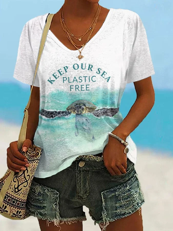 🔥Buy 3 Get 10% Off🔥V-neck Keep Our Sea Plastic Free Print T-Shirt