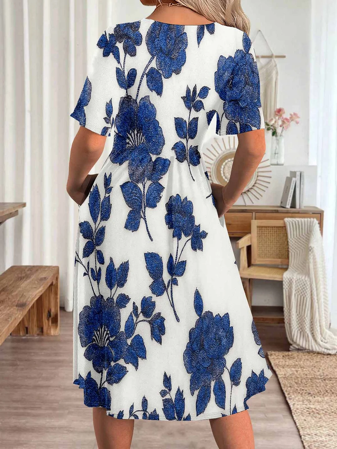 Women Floral,Blue DZHA8053 Short Sleeve Scoop Neck Graphic Printed Hollow Midi Dress