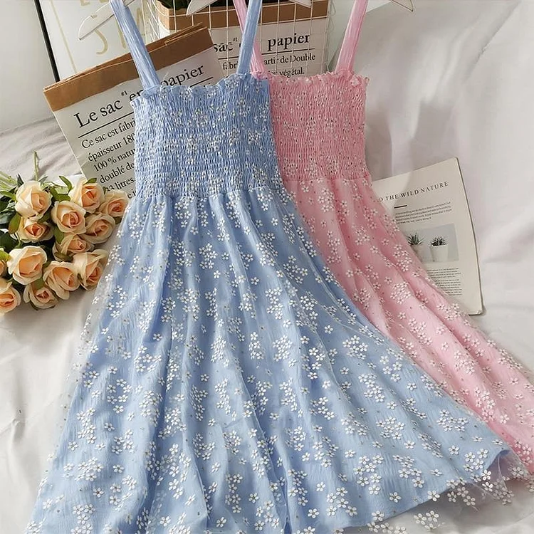 Blue/Pink/White Summer Floral Mesh Dress SP16988
