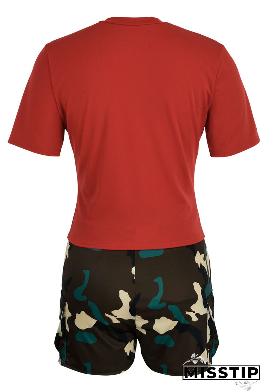 Red Casual Print Camouflage Print Patchwork V Neck Short Sleeve Two Pieces