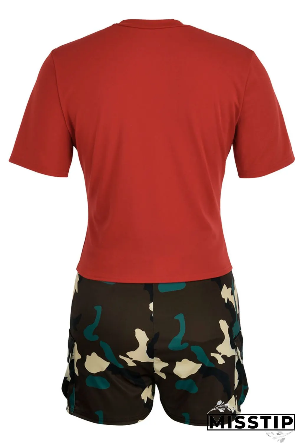 Red Casual Print Camouflage Print Patchwork V Neck Short Sleeve Two Pieces