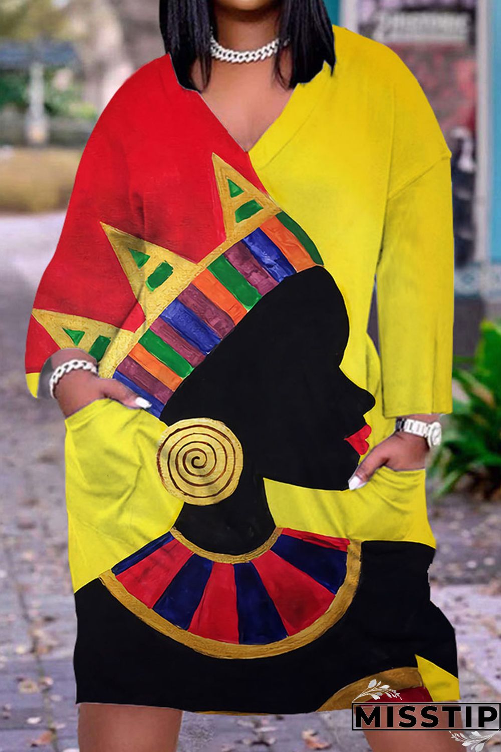 Gray Cyan Casual Print Patchwork V Neck Straight Dresses