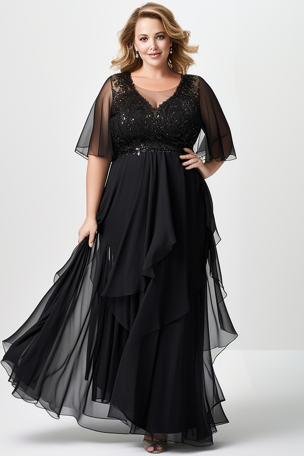Flycurvy Plus Size Wedding Guest Black Chiffon Sequined Lace Flutter Sleeve Irregular Hem Maxi Dress 2024 - Flycurvy 