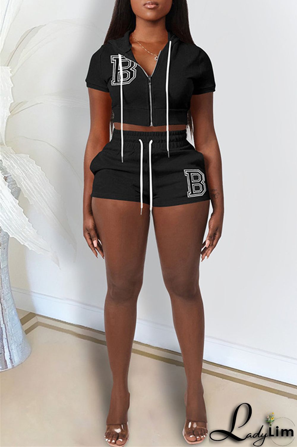 Pink Fashion Casual Letter Solid Embroidered Hooded Collar Short Sleeve Two Pieces