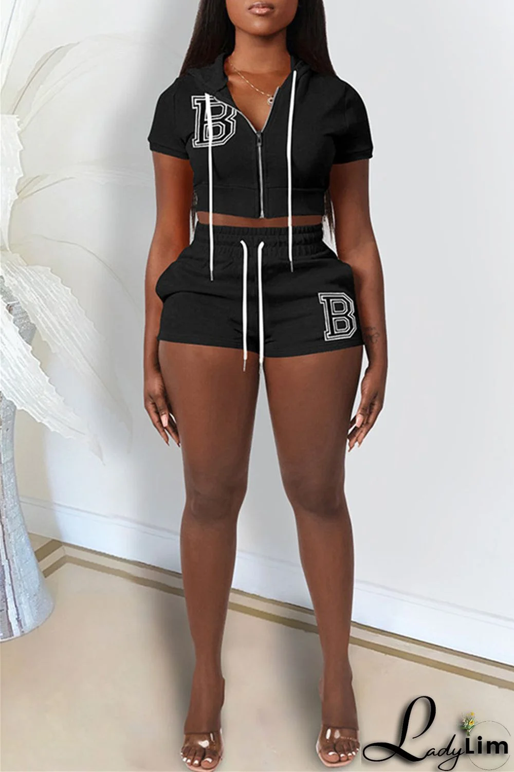 Pink Fashion Casual Letter Solid Embroidered Hooded Collar Short Sleeve Two Pieces