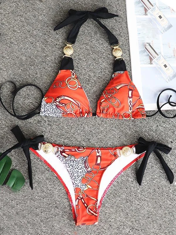 Gorgeous Embellished Triangles Bandage Split Bikini Swimsuit