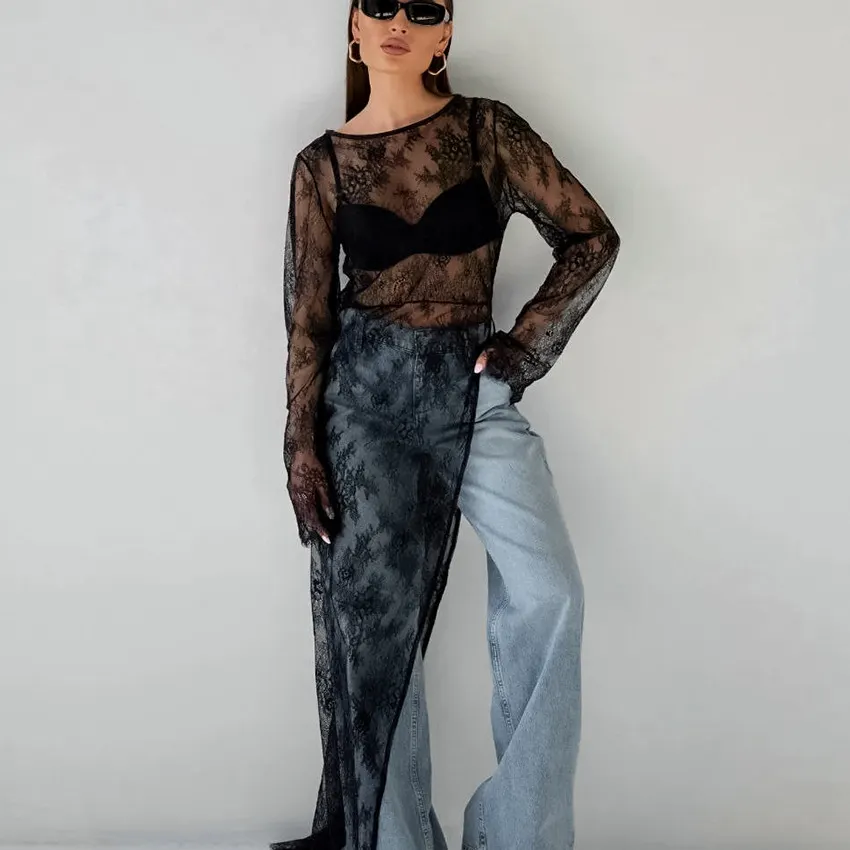 Round Neck Long Sleeve Sheer Lace Asymmetric Slit Maxi Dress