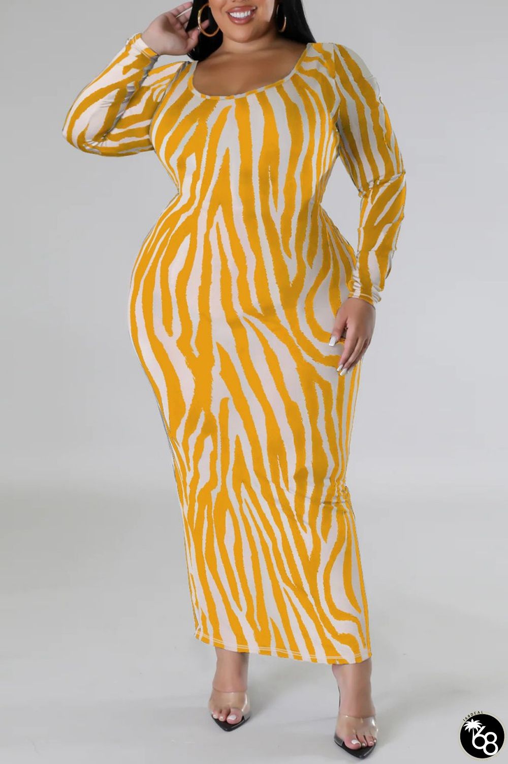 Yellow Casual Print Hollowed Out Slit U Neck Long Sleeve Plus Size Dresses | 168DEAL