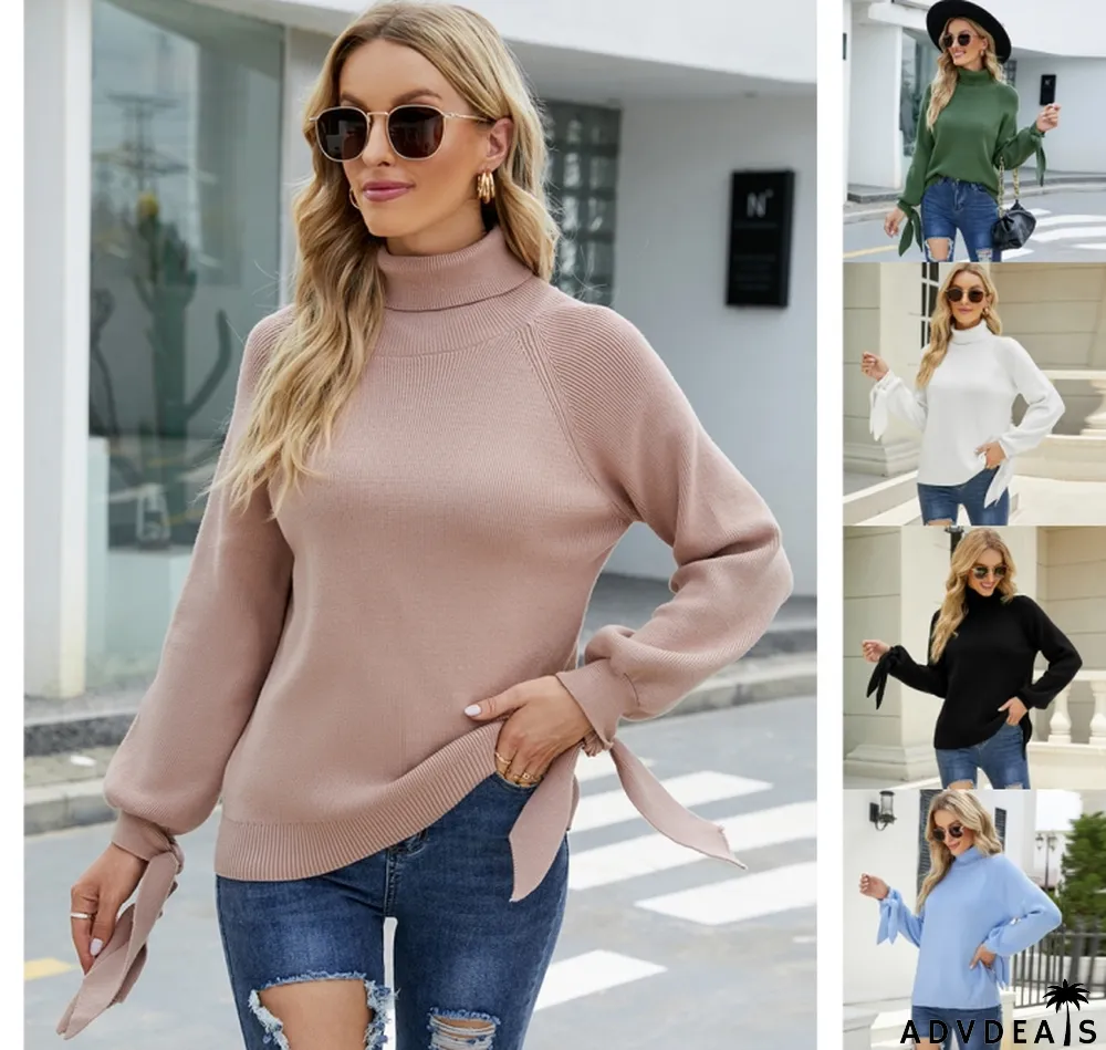 Women's autumn and winter fashion lace-up long sleeve knitting loose pullover turtleneck sweater