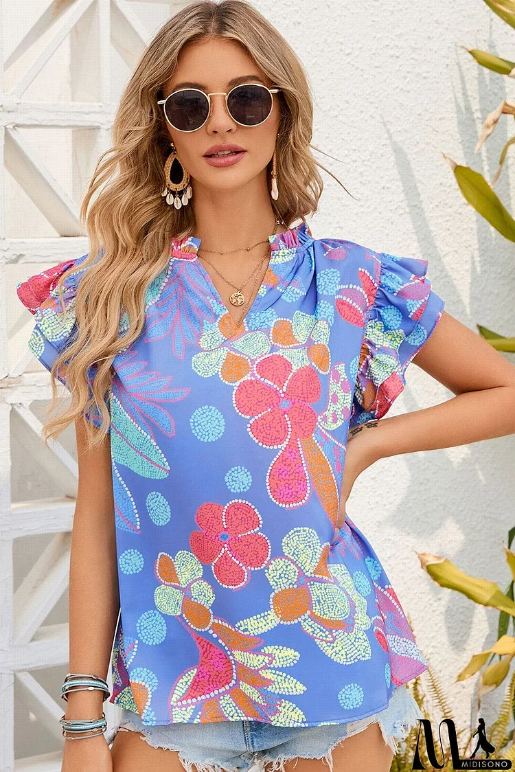 Floral Notched Neck Flutter Sleeve Blouse