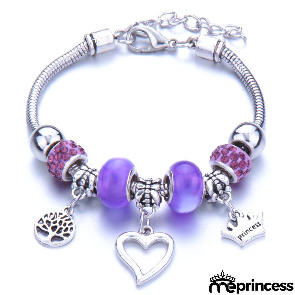 Women Fashion Rhinestone Butterfly Crown Pendant Beaded Bracelet