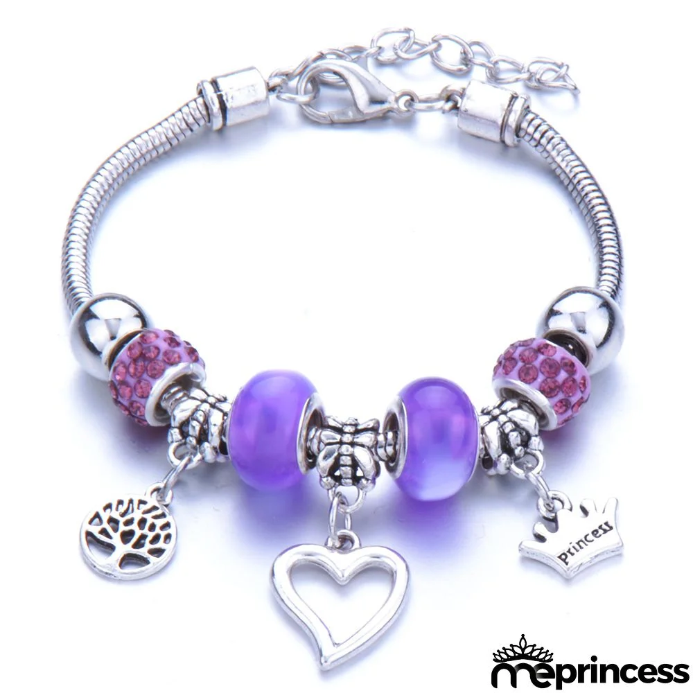 Women Fashion Rhinestone Butterfly Crown Pendant Beaded Bracelet