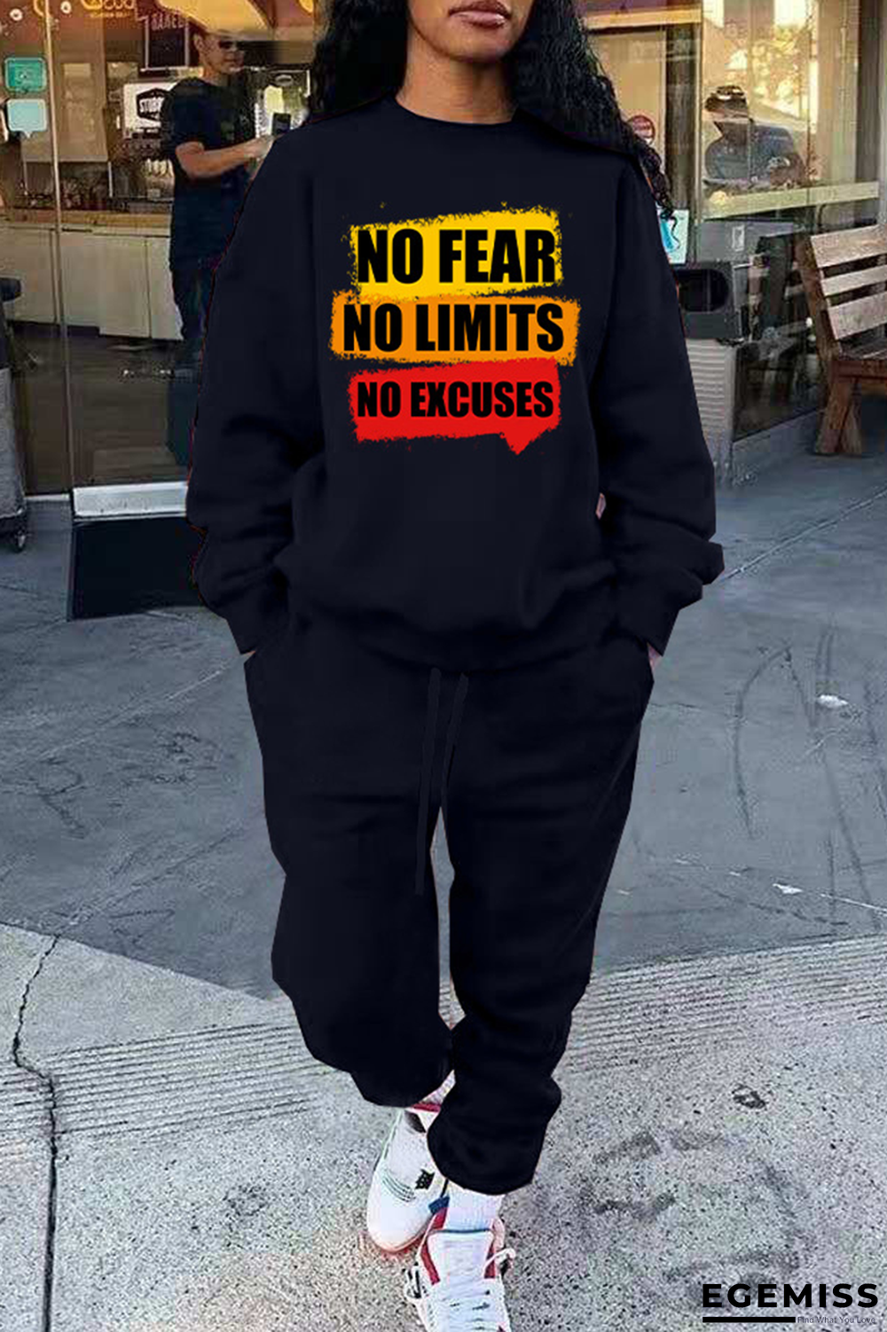 Black Casual Print Patchwork O Neck Long Sleeve Two Pieces | EGEMISS