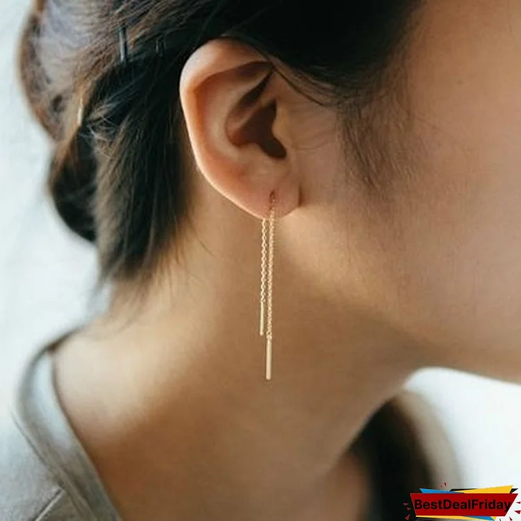 14k Rose Gold Filled Threads Long Line Modern Bar Earrings Dangle Drop Threaded Chain Balance Beam Dangly Threader Dangling Thin Barre