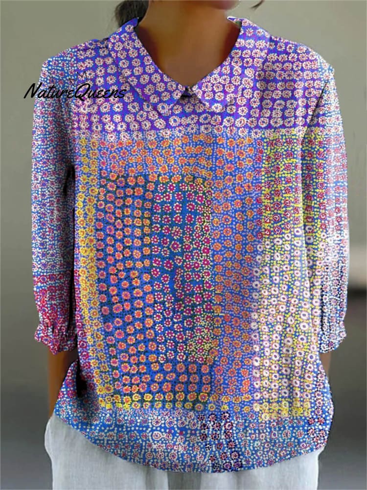 Women's Vintage Lovely Floral Art Print Casual Cotton And Linen 3/4 Sleeve Shirt