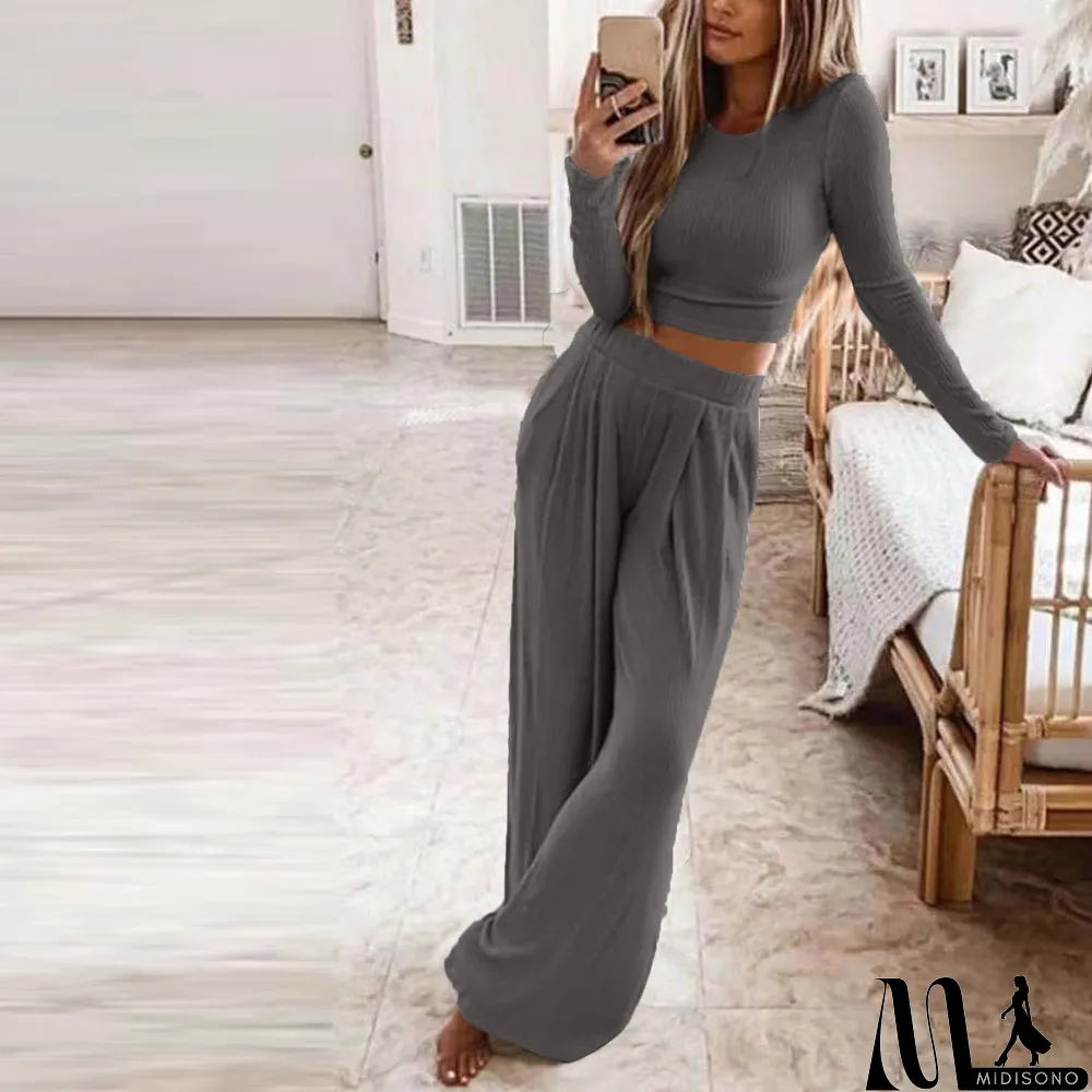 MidiSono - Women Solid Casual Long Sleeve Top and Pant Two Piece Set
