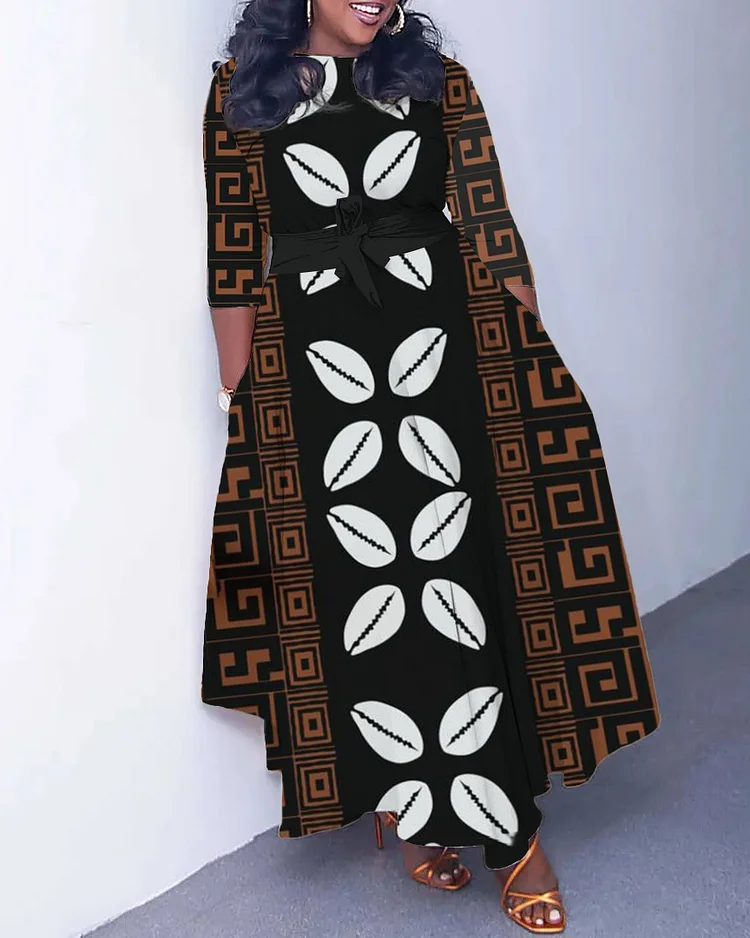 Tribal Shell Geometry Long Sleeve Pockets Maxi Dress
