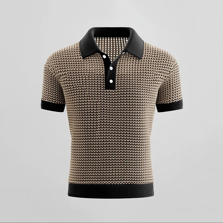 Men's Half Button Short Sleeve Hollow Knit Polo Shirt
