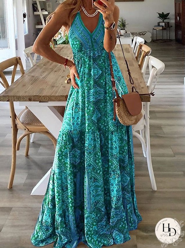 Casual Dress Tank Dress Summer Dress Graphic Pleated Print V Neck Long Dress Maxi Dress Tropical Streetwear Outdoor Holiday Sleeveless Regular Fit Pink Wine Red Summer S M L XL 2XL for Women