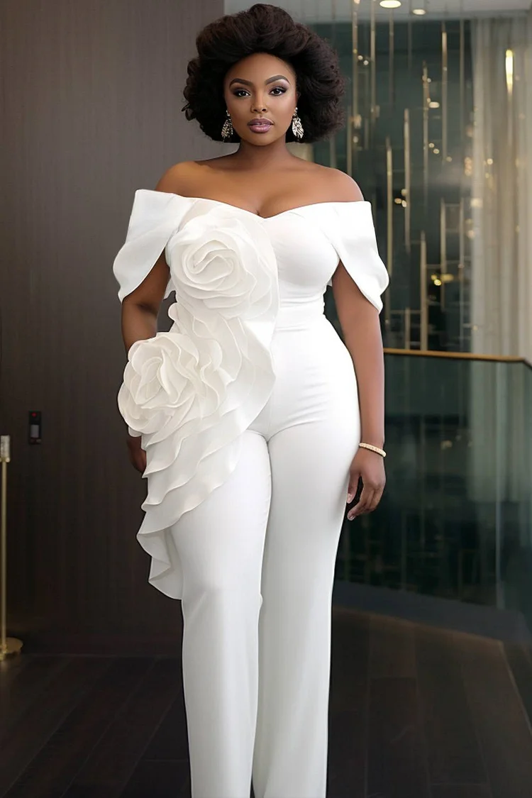 Xpluswear Design Plus Size Formal White Elegant Off The Shoulder 3D Pocket Jumpsuits [Pre-Order]