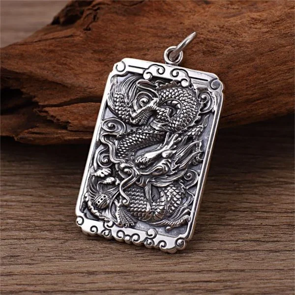 Sterling Silver Six Character Truth Dragon Pendant Necklace