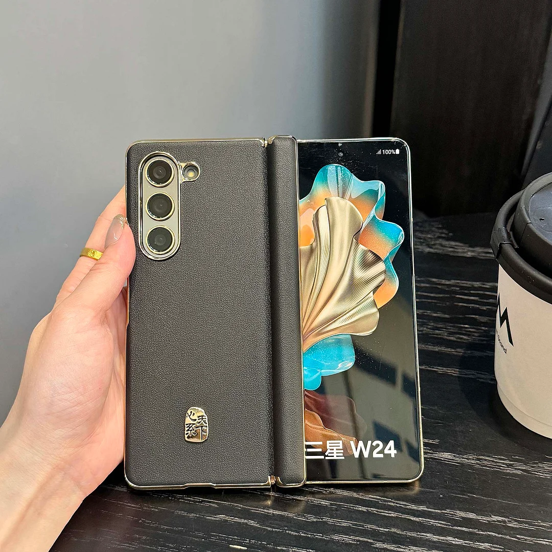 Top-Grain Leather Stand Case for Samsung W22/W23/W24 Minimalist Business Design in Meteorite Black Anti-Fingerprint & Shockproof