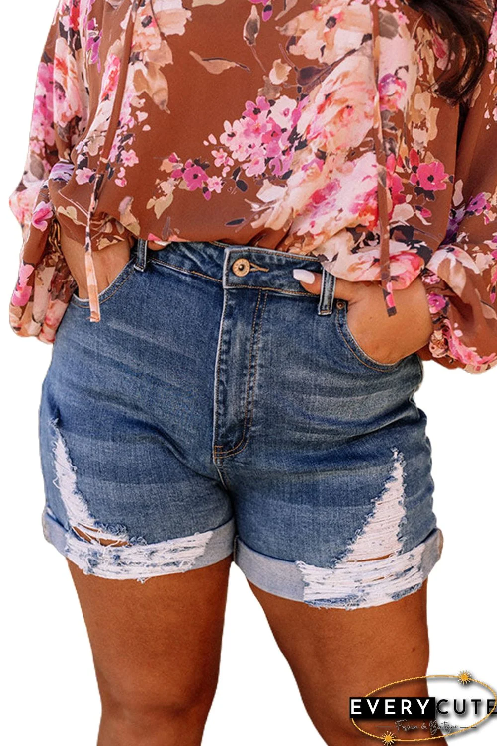 Sky Blue High Waist Distressed Plus Size Denim Shorts