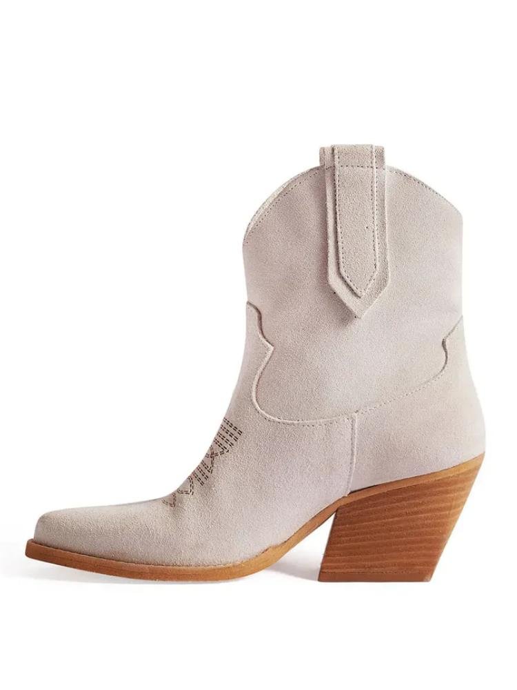 Off-White Cowgirl Ankle Boots Faux Suede Embroidery Slanted Block Heel Western Booties
