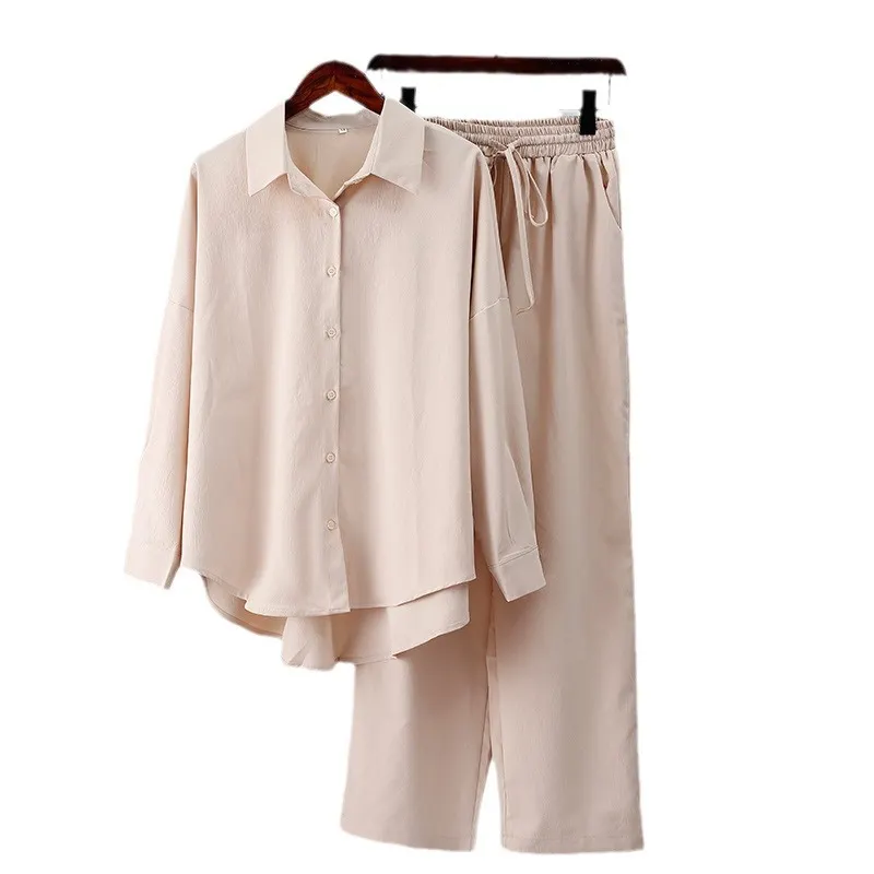 Brownm Brownm Fashion Autumn And Winter New Loose Elastic Wrinkle Long-Sleeved Shirt Broad Leg Pants Casual Suit Women 2 Sets