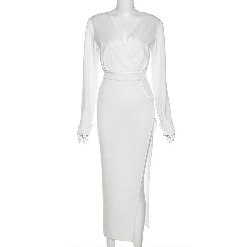 WannaThis V Neck Long Sleeve Midi Dresses High Split  Autumn 2021 Vintage Chic Party Wear Elegant Female White Aesthetic Dresses