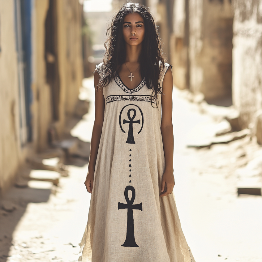 Ankh Ancient Egyptian Embroidered Contrast Linen Maxi Dress