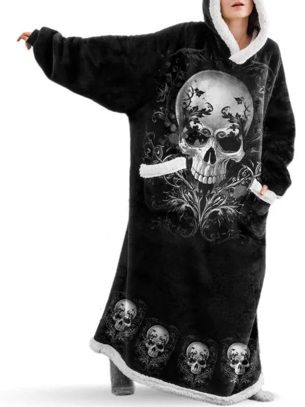 Skull Print Fleece Oversize Blanket Long Hooded Pajamas Hoodie