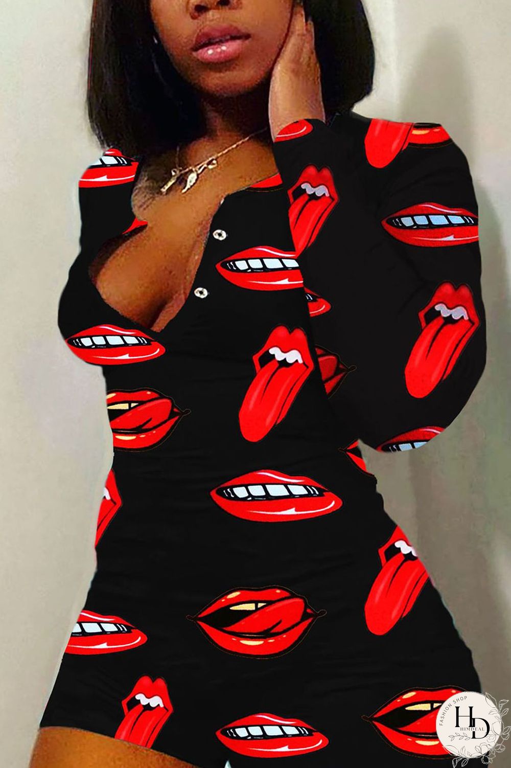 White Living Print Lips Printed Without Belt V Neck Regular Jumpsuits