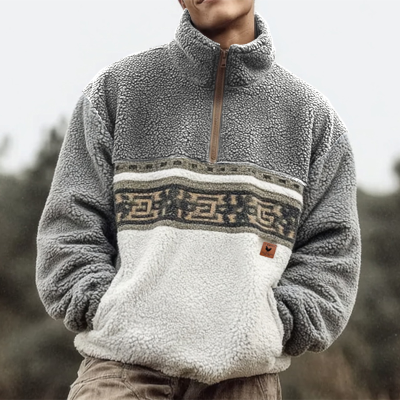 Men's Surfing Style Gray Loose Casual Autumn And Winter New Lambskin Splicing Sweatshirt