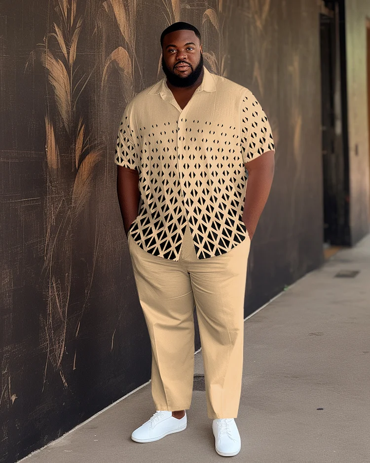 Men's Khaki Plaid Plus Size Gradient Short Sleeve Walking Suit