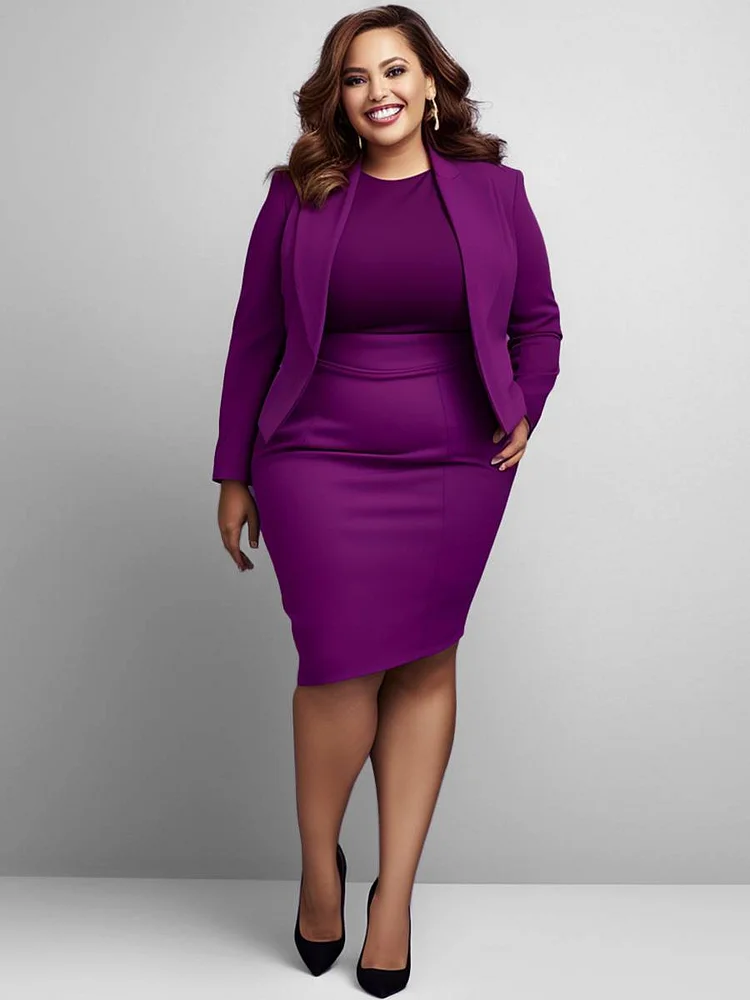 Xpluswear Design Plus Size Semi Formal Elegant Purple Spring Summer Turndown Collar Long Sleeve Three Piece Dress Sets 