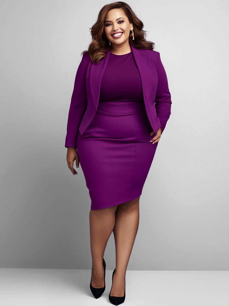 Design Plus Size Semi Formal Elegant Purple Spring Summer Turndown Collar Long Sleeve Three Piece Dress Sets [Pre-Order]