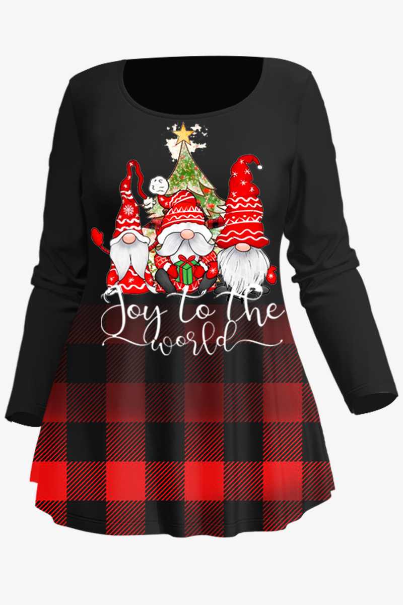 Flycurvy Plus Size Christmas Black Ombre Santa Claus Plaid Print T-Shirt