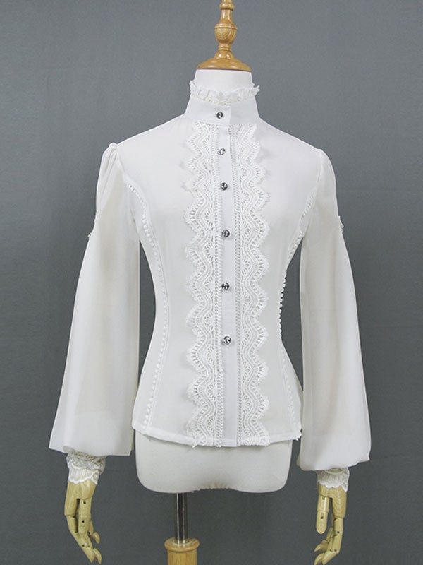 Classical Women Shirt Stand Collar Puff  Long Sleeve White Chiffon Top Novameme