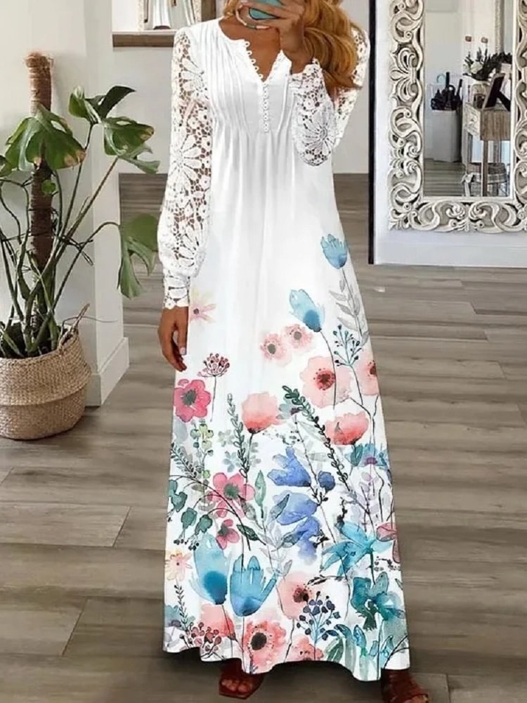 Casual Paneled Lace Flower Long-Sleeved Dress
