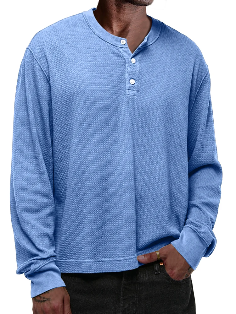 Men's Casual Solid Color Waffle Button Henley Shirt